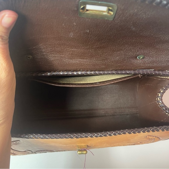 Vintage Brown Tooled Leather Purse Rhinestones Metal Clasp - Picture 11 of 16